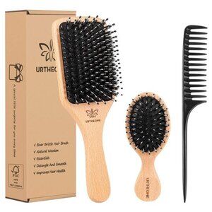 Boar Bristle Hair Brush and Comb Set – Natural Wooden Paddle for Detangling